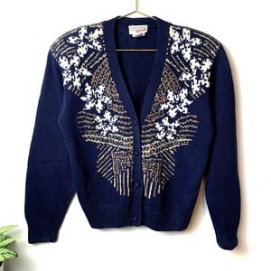 Vintage 90s Hand Knitted Blue Cottage Core Concepts by Carer Sweater Cardigan- M